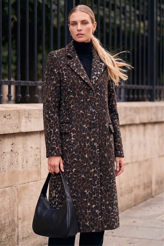 Roman Brown Animal Print Formal Pocket Coat