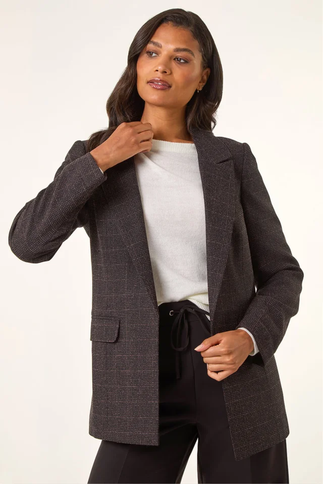 Roman Aubergine Check Print Longline Blazer