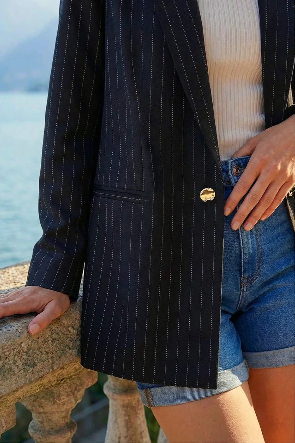 Roman Black Pinstripe Revered Collar Blazer - 14 Image 3