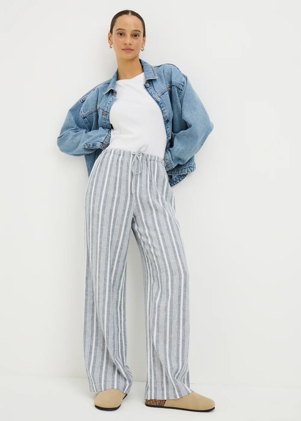 Blue Stripe Linen Blend Wide Leg Trousers - 22/L31 Image 4
