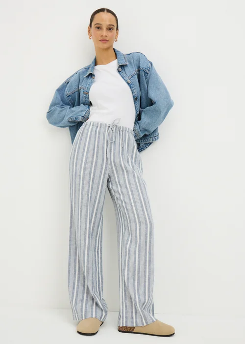 Blue Stripe Linen Blend Wide Leg Trousers - 22/L31 Image 4