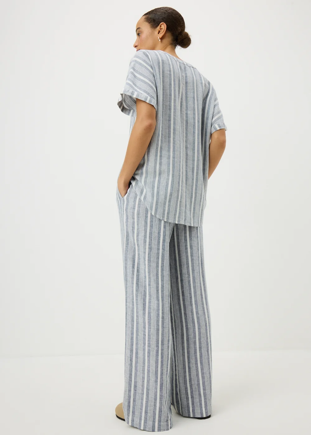 Blue Stripe Linen Blend Wide Leg Trousers - 22/L31 Image 3