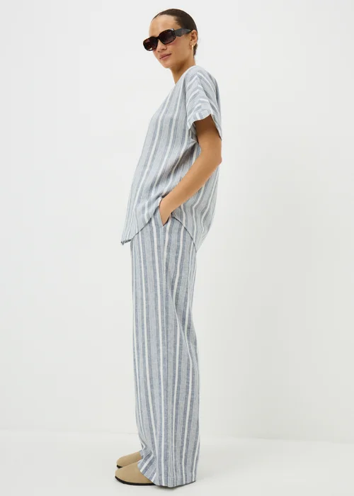 Blue Stripe Linen Blend Wide Leg Trousers - 22/L31 Image 1