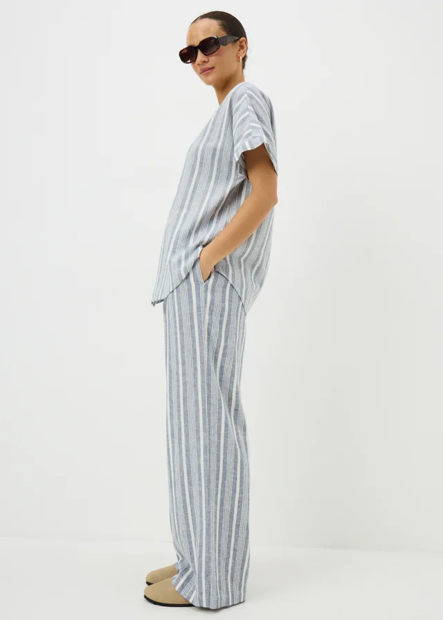 Blue Stripe Linen Blend Wide Leg Trousers