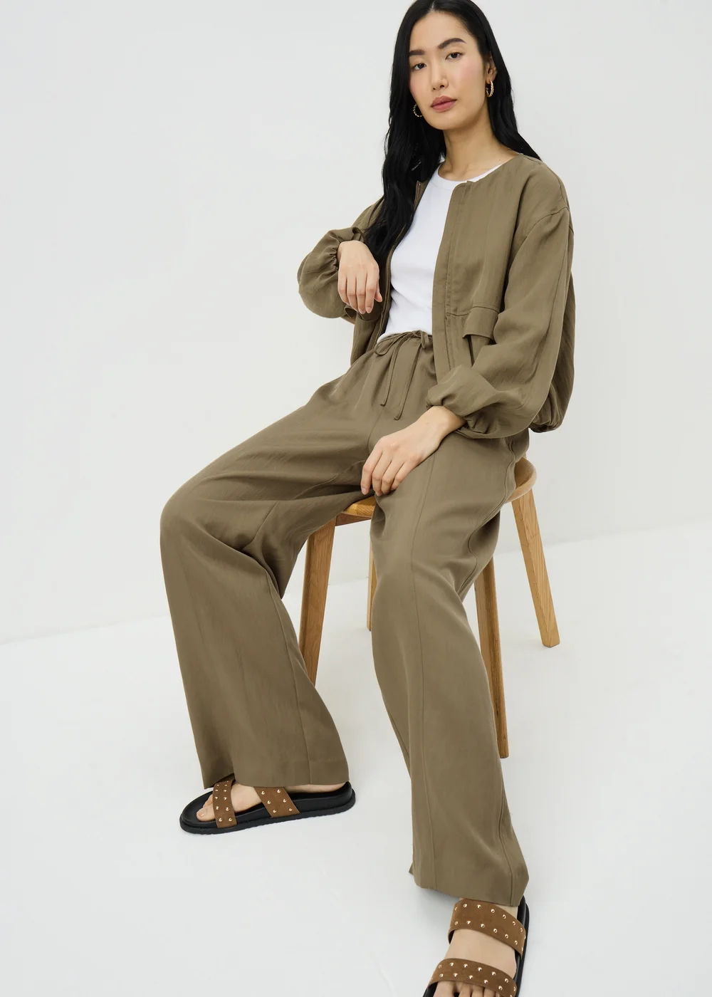 Khaki Lyocell Wide Leg Trousers - 16/L29 Image 2
