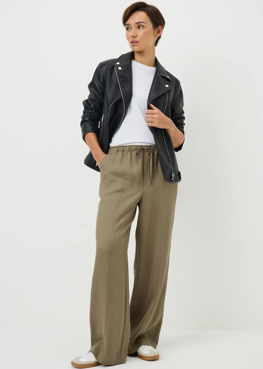 Khaki Lyocell Wide Leg Trousers - 16/L29 Image 1
