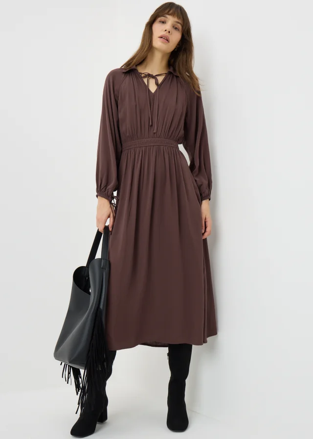 Brown Tie Neck Midaxi Dress