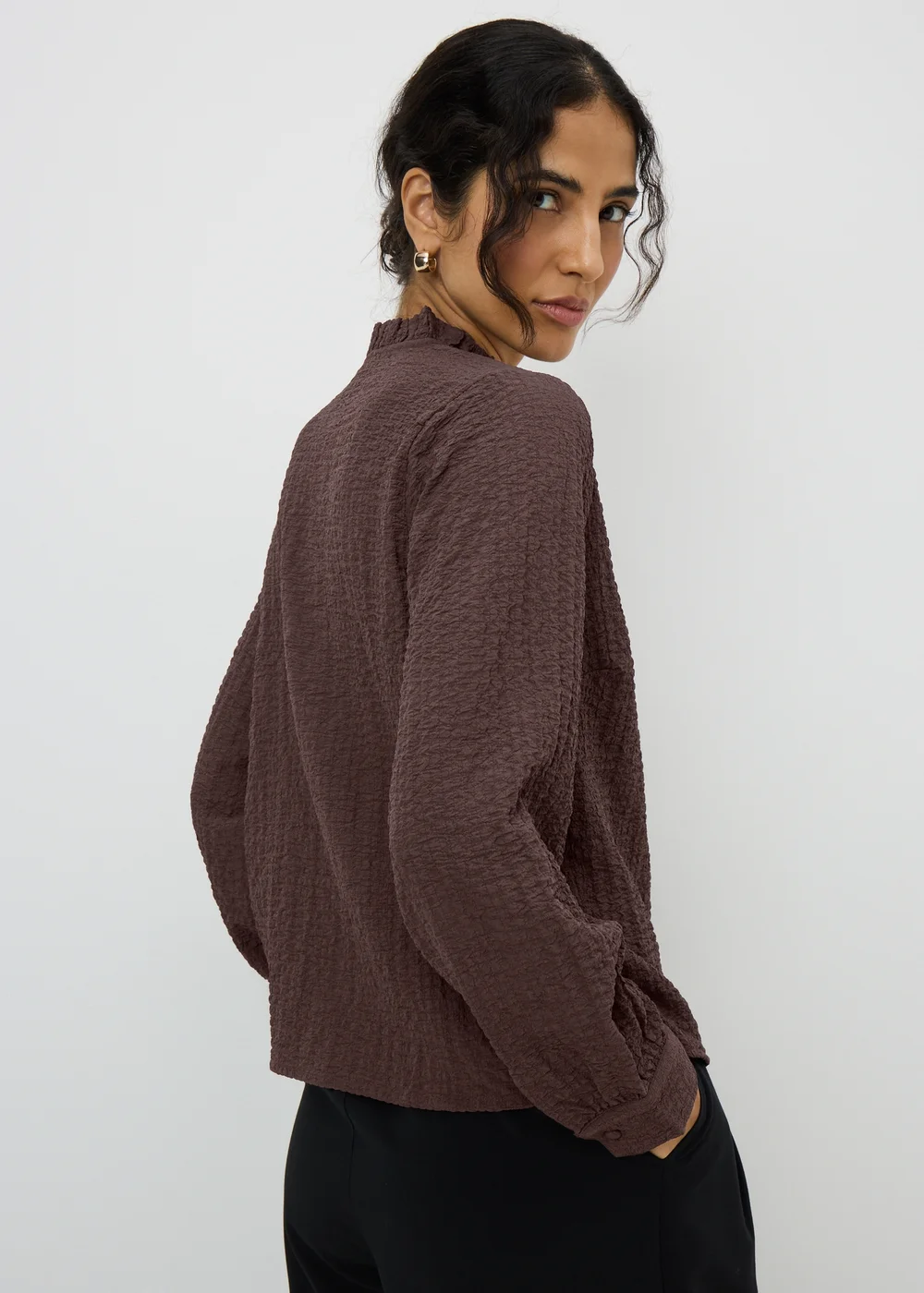 Chocolate Brown Textured High Neck Blouse - 8 Image 3