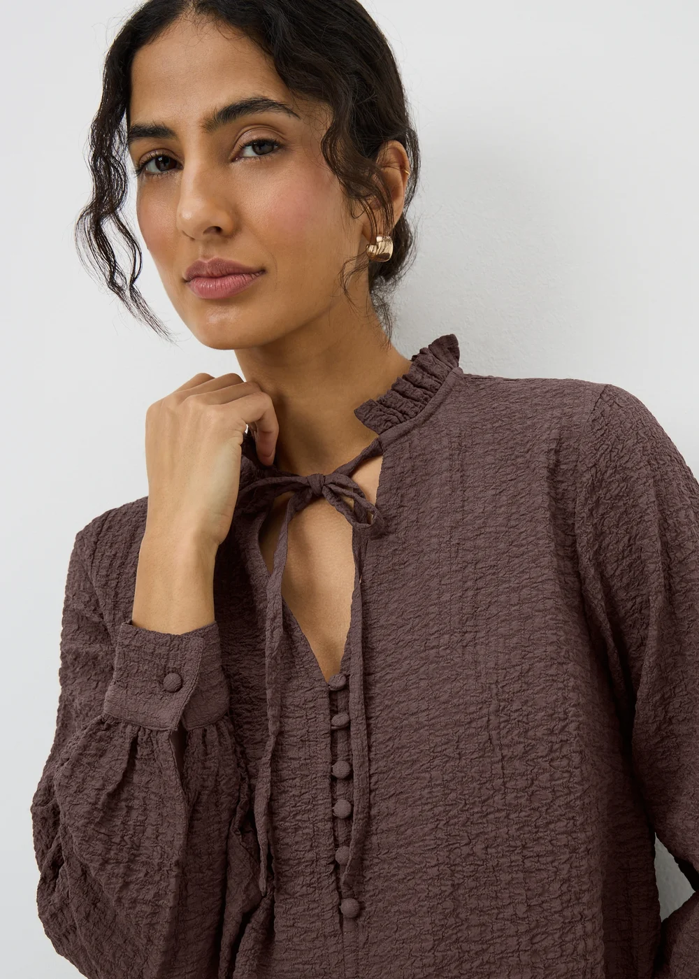 Chocolate Brown Textured High Neck Blouse - 8 Image 2