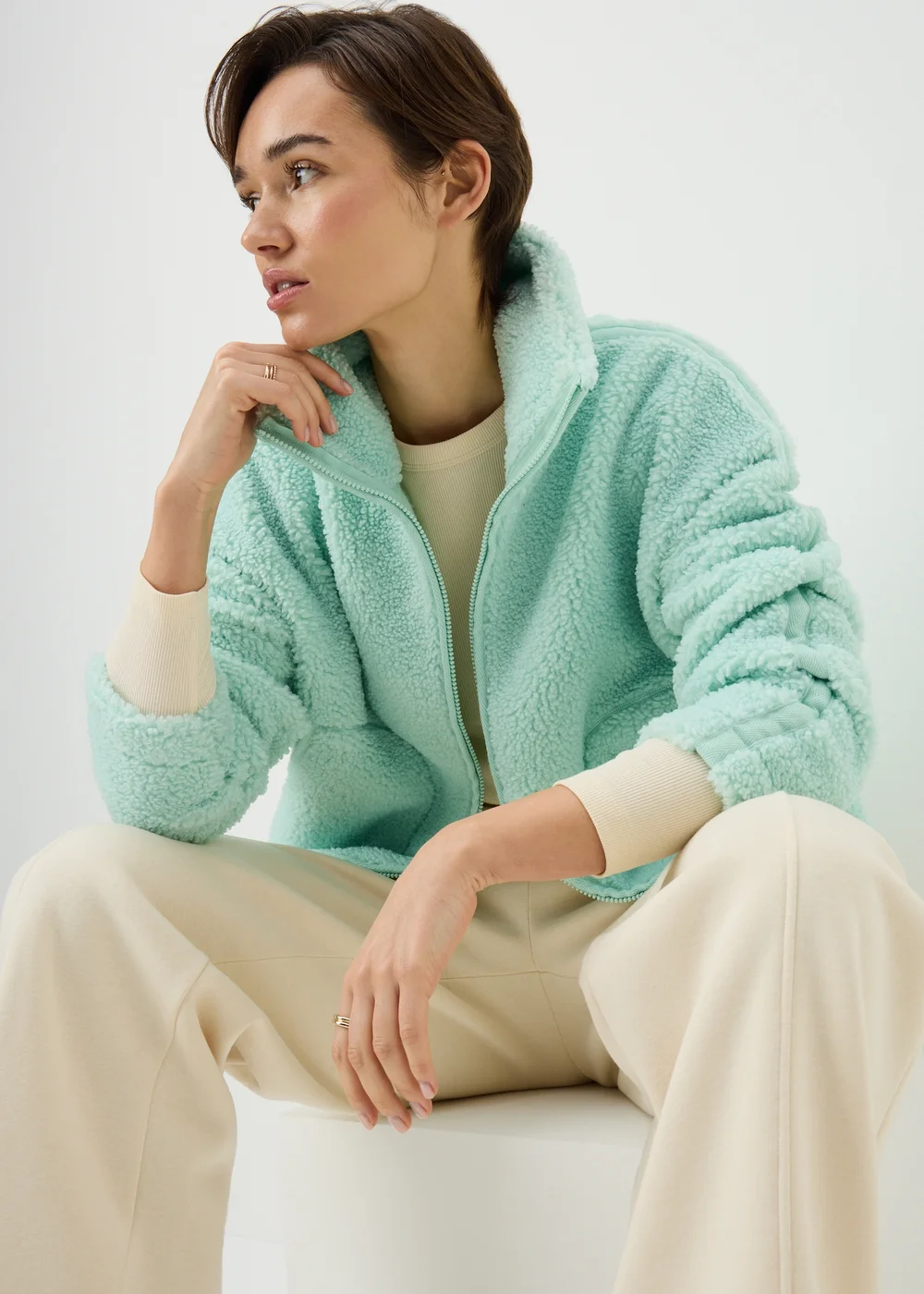 Green Funnel Neck Taped Borg Jacket - S Image 1