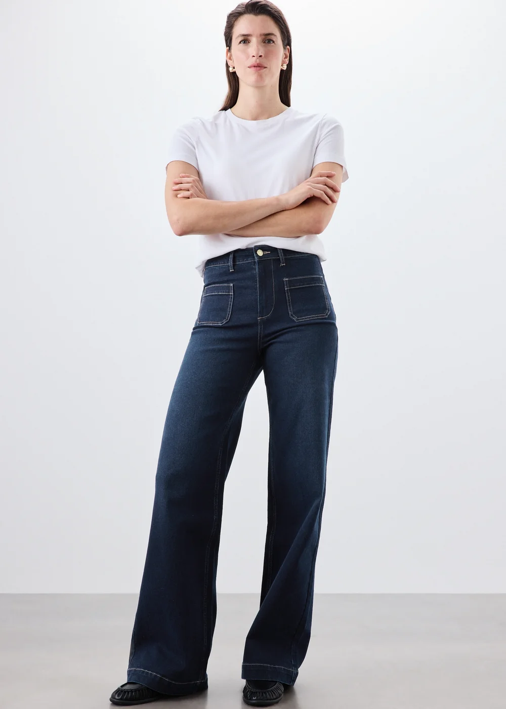 Indigo Stretch Pocket Front Mid Rise Wide Leg Jeans - 8/L29 Image 1