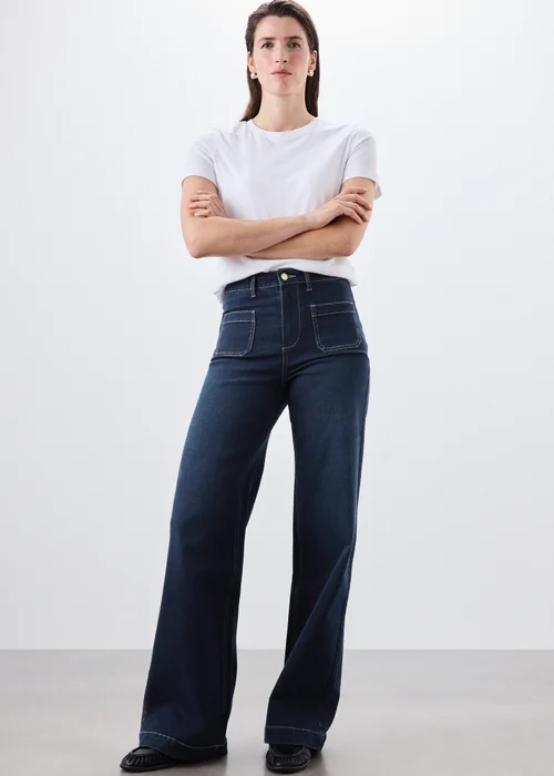 Indigo Stretch Pocket Front Mid Rise Wide Leg Jeans - 8/L29 Image 1