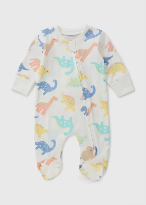 Baby White Dinosaur Zip Up Sleepsuit (Newborn-23mths) - Age 0 - 3 Months Image 1