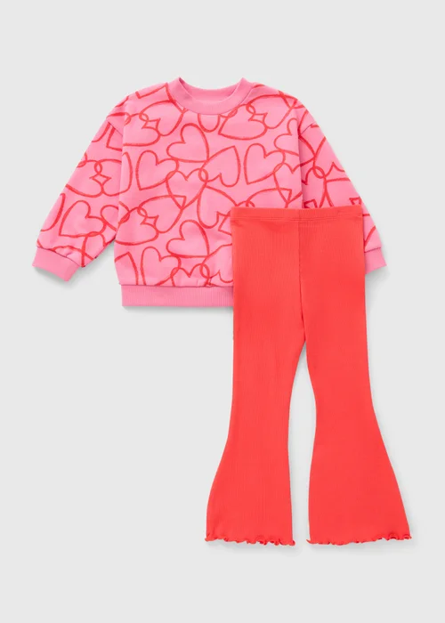 Girls Pink Heart Sweatshirt & Flare Legging Set (1-7 Years) - 1-1.5 Yrs Image 1