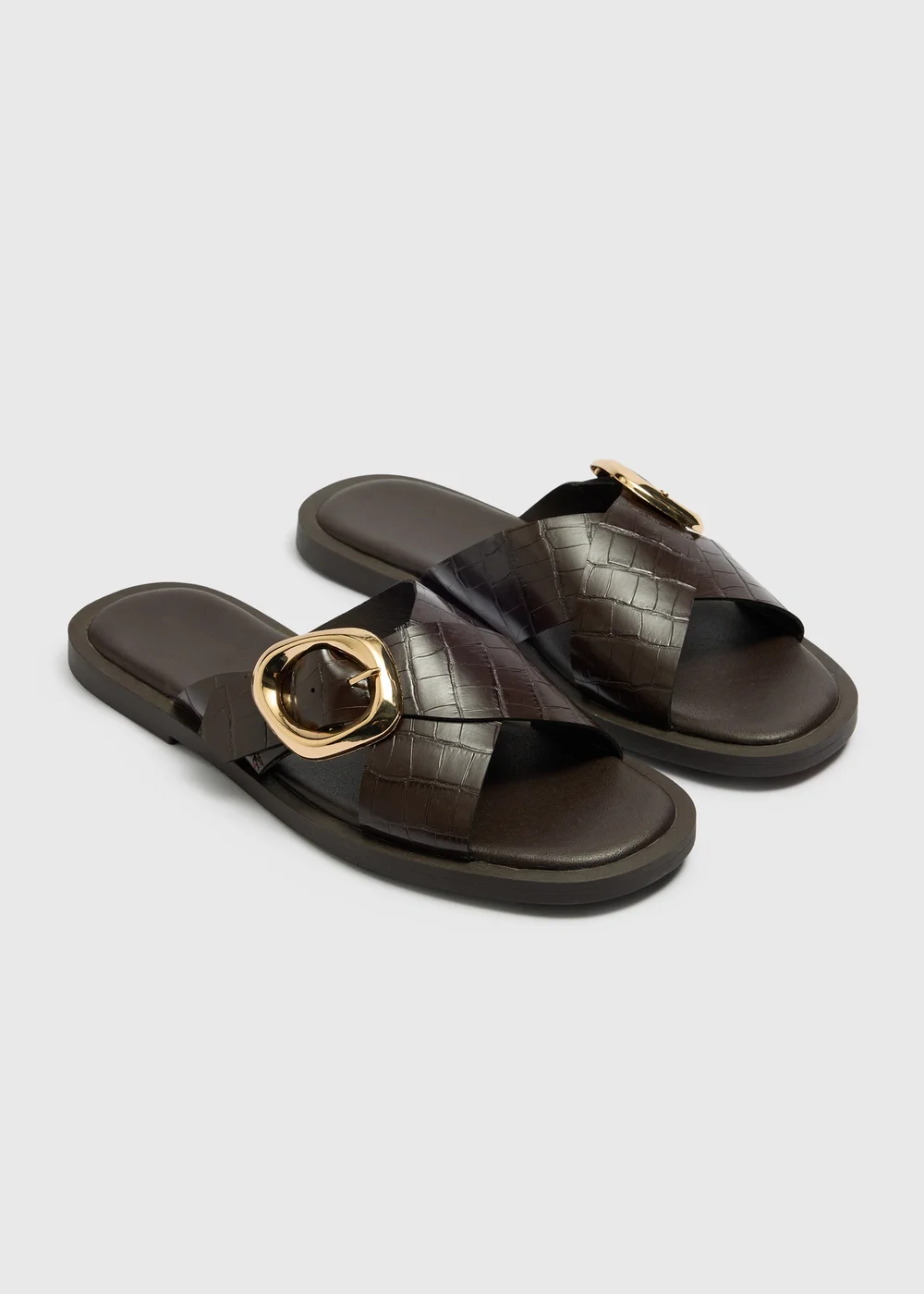 Chocolate Brown Cross Strap Buckle Sliders - 3 Image 1