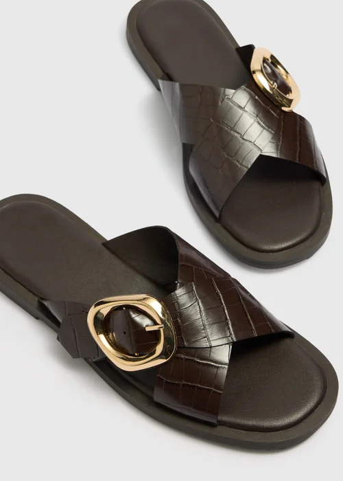 Chocolate Brown Cross Strap Buckle Sliders - 3 Image 2