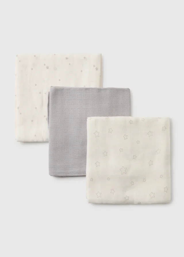 3 Pack Baby Grey Star Muslin Cloths