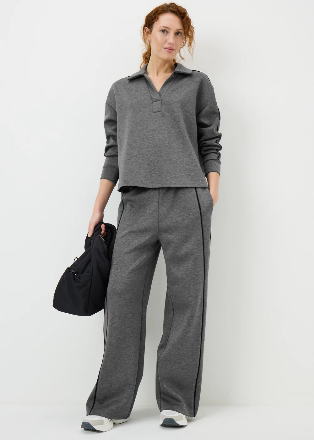 Charcoal Piped Scuba Wide Leg Co Ord Trousers - 22/L31 Image 1