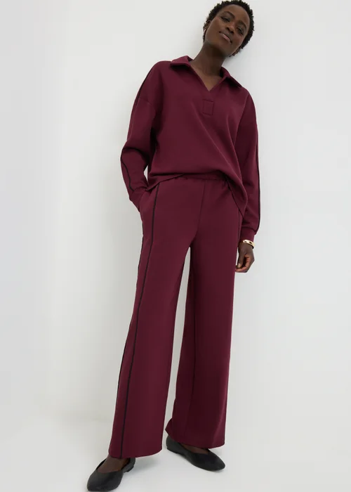 Burgundy Piped Scuba Wide Leg Co Ord Trousers - 22/L31 Image 1