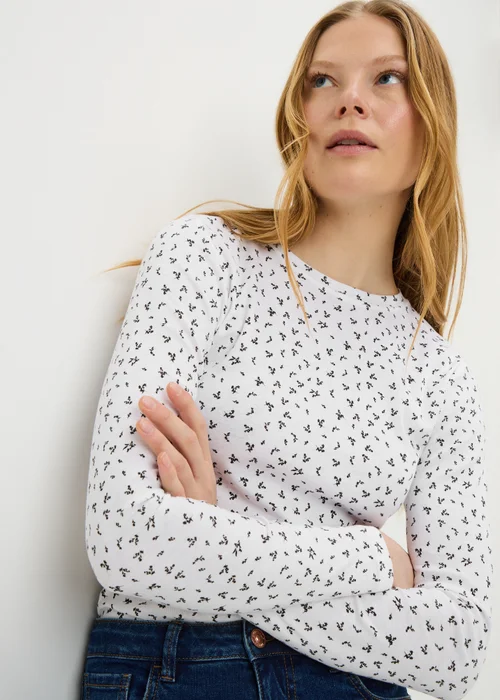 White Ditsy Floral Fitted Long Sleeve Top - 26 Image 1