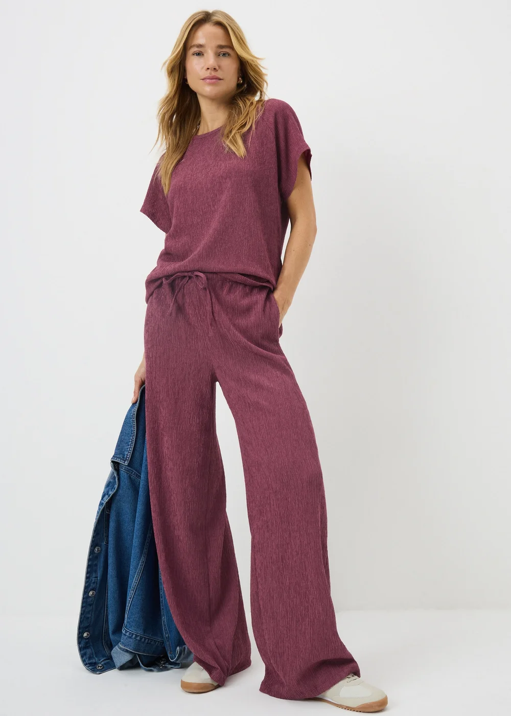 Berry Textured Wide Leg Co Ord Trousers - 10/L31 Image 1