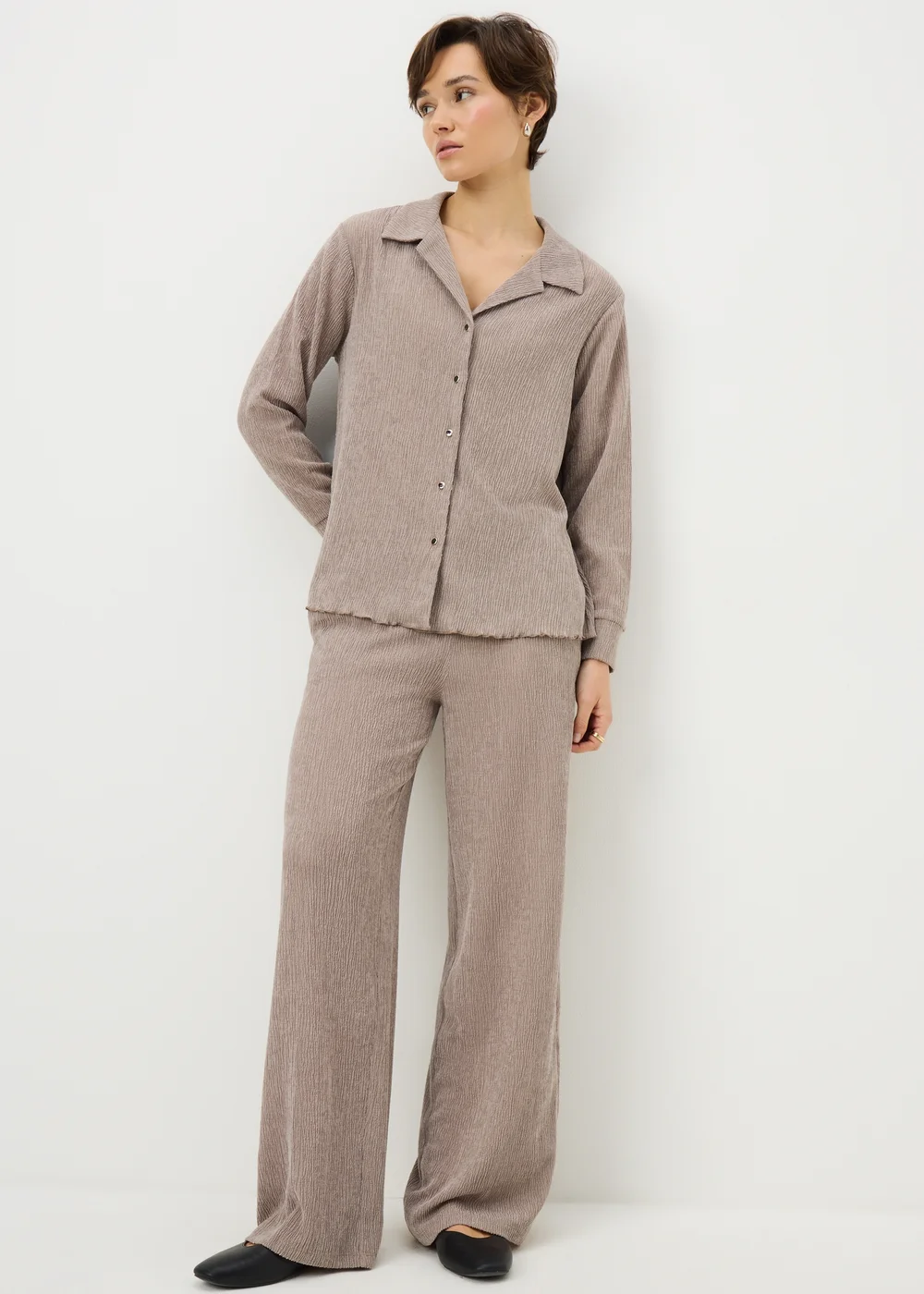 Taupe Textured Wide Leg Co Ord Trousers - 10/L29 Image 1