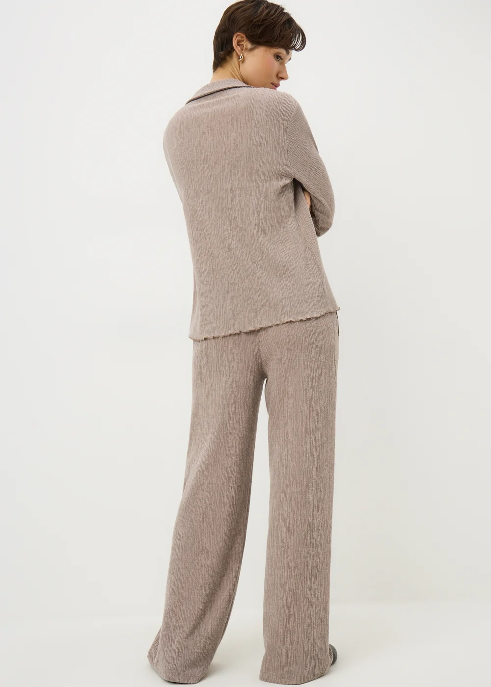 Taupe Textured Wide Leg Co Ord Trousers - 10/L29 Image 3