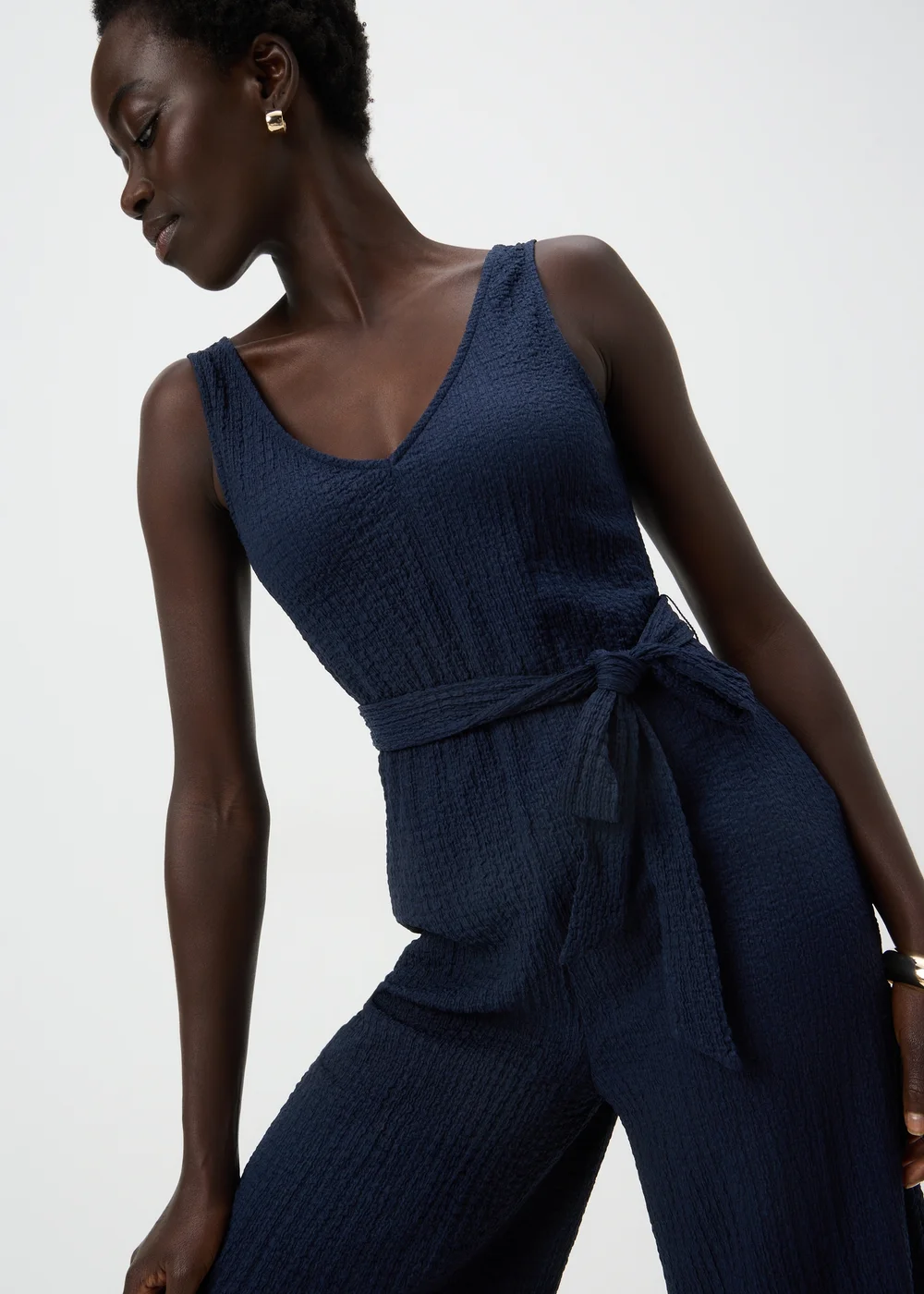 Papaya Petite Navy Crinkle Belted Culotte Jumpsuit - 6 Image 1