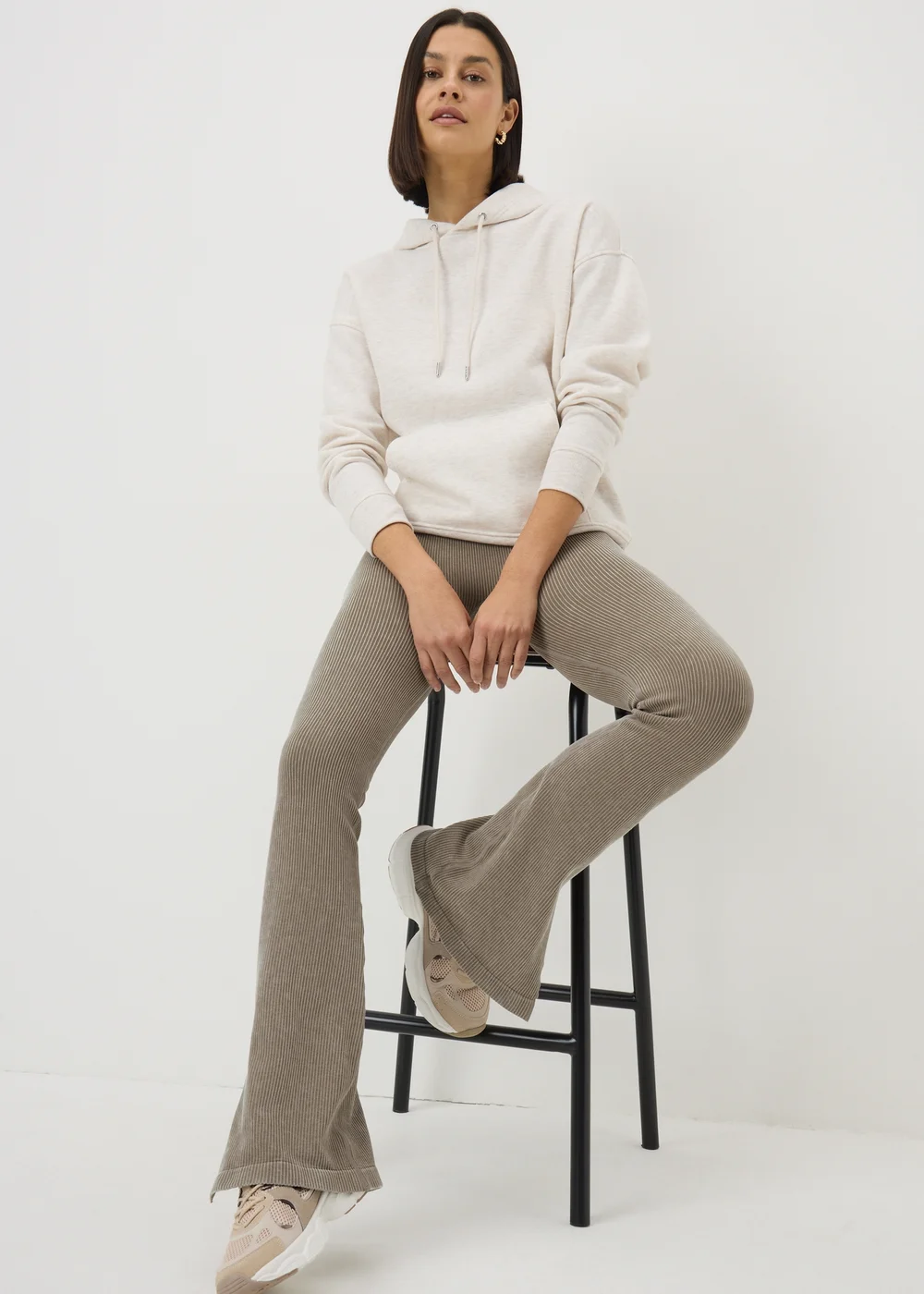 Beige Ribbed Flare Side Split Leggings - XL Image 1