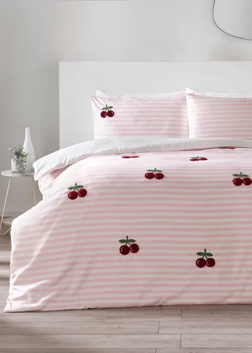 Pink Stripe Cherry Boucle Duvet Set - Double Image 1
