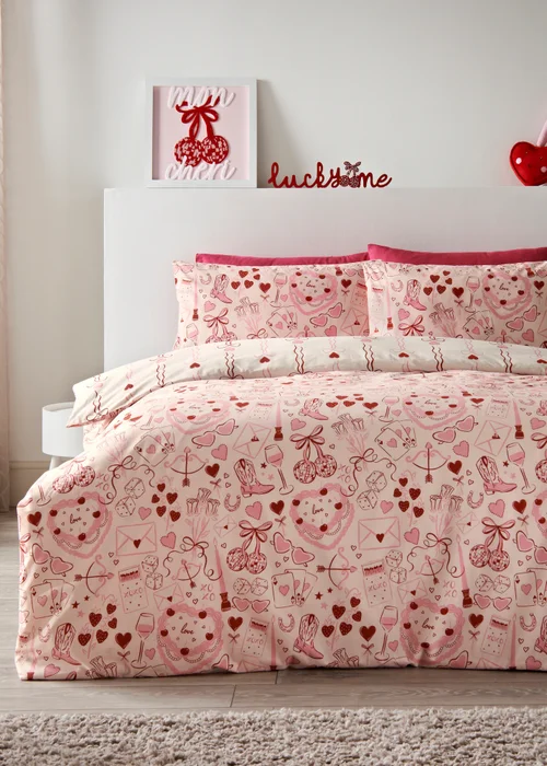 Pink Vintage Print Duvet Set - Single Image 1
