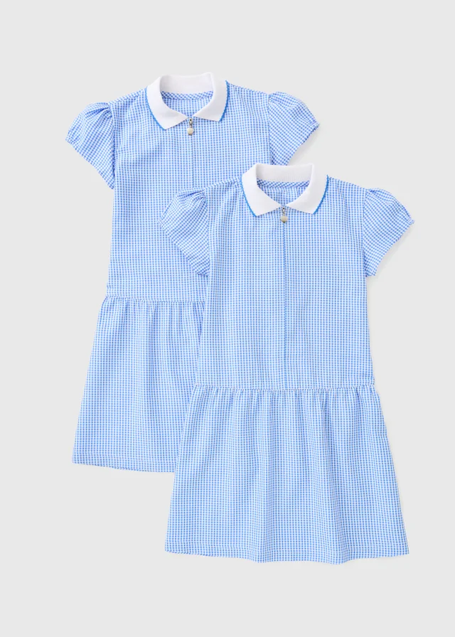 2 Pack Girls Blue Gingham Knit Collar Plus Fit School Dresses (4-13yrs)