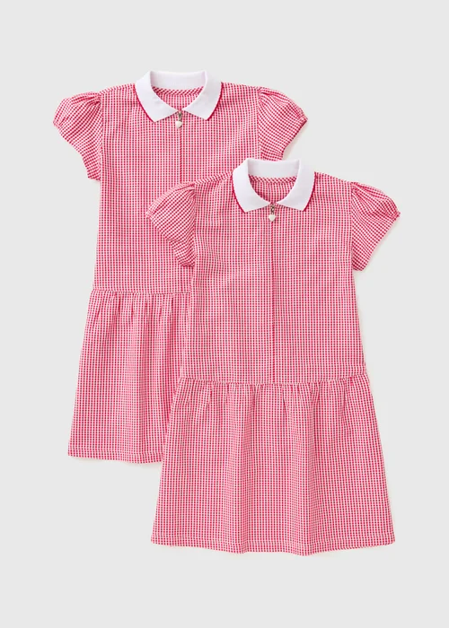 2 Pack Girls Red Gingham Knit Collar Plus Fit School Dresses (4-13yrs) - 11 Yrs Image 1