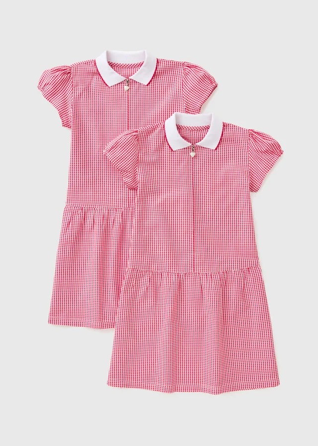 2 Pack Girls Red Gingham Knit Collar Plus Fit School Dresses (4-13yrs)