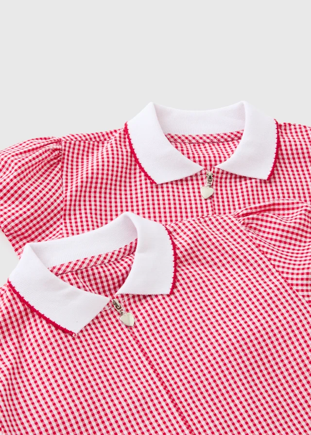 2 Pack Girls Red Gingham Knit Collar Plus Fit School Dresses (4-13yrs)