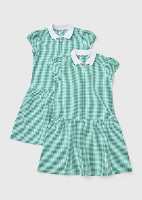 2 Pack Girls Green Gingham Knit Collar School Dresses (3-13yrs) - 4 Yrs Image 1