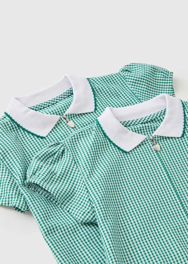 2 Pack Girls Green Gingham Knit Collar Plus Fit School Dresses (4-13yrs)