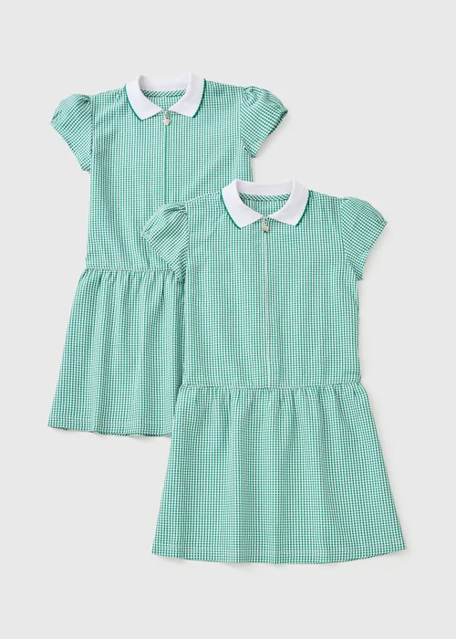 2 Pack Girls Green Gingham Knit Collar Plus Fit School Dresses (4-13yrs) - 3 Yrs Image 1