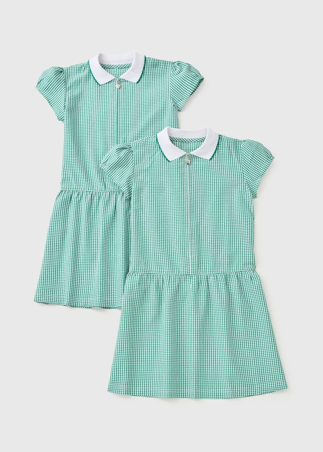 2 Pack Girls Green Gingham Knit Collar Plus Fit School Dresses (4-13yrs)