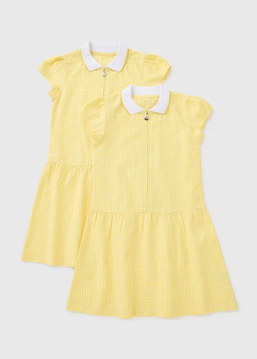 2 Pack Girls Yellow Gingham Knit Collar School Dresses (4-13yrs) - 13 Yrs Image 1