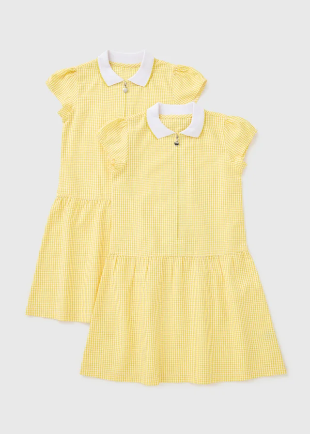 2 Pack Girls Yellow Gingham Knit Collar School Dresses (4-13yrs)