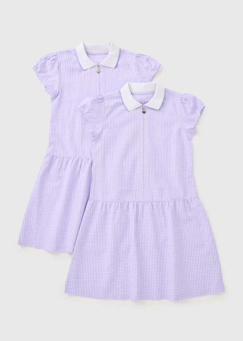 2 Pack Girls Lilac Gingham Knit Collar School Dresses (3-13 Years) - 6 Yrs Image 1