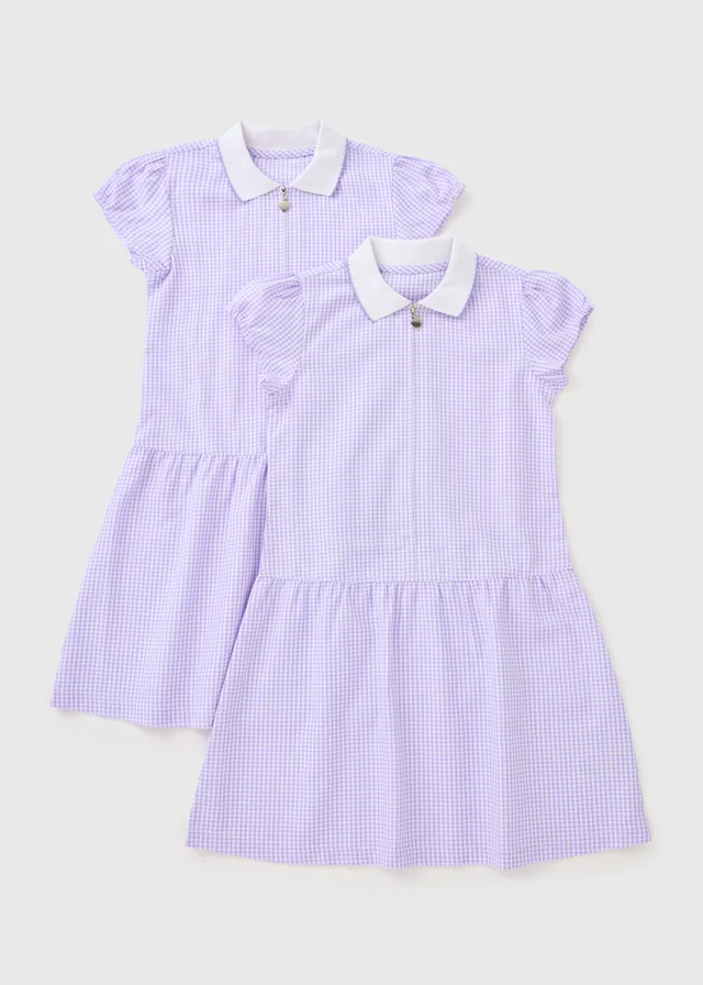 2 Pack Girls Lilac Gingham Knit Collar School Dresses (3-13 Years)