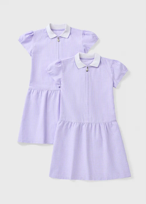 2 Pack Girls Lilac Gingham Knit Collar Plus Fit School Dresses (4-13yrs) - 4 Yrs Image 1