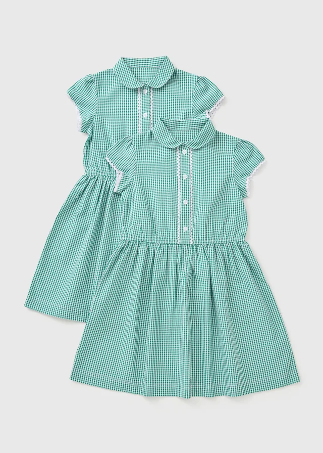 2 Pack Girls Green Traditional Gingham School Dresses (3-13yrs)