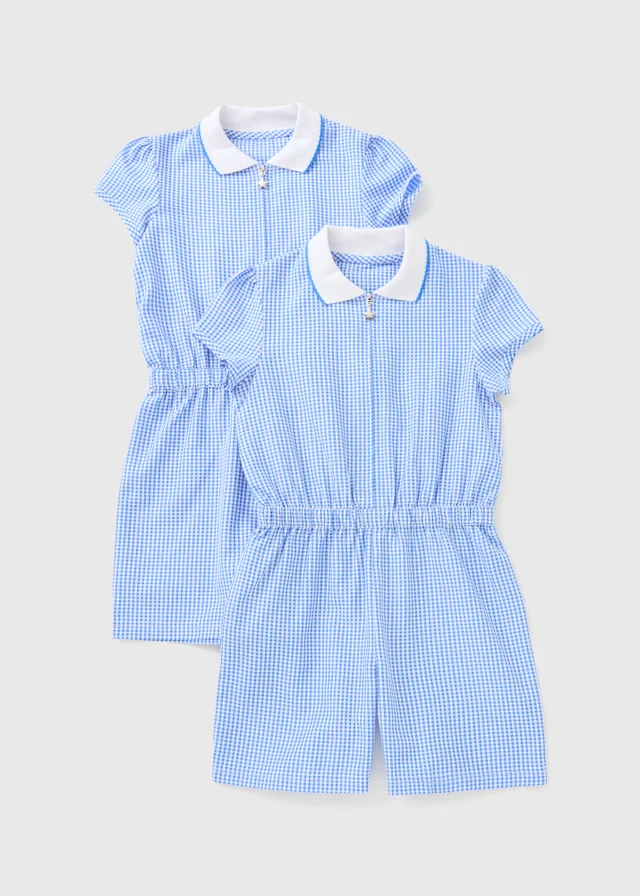 2 Pack Girls Blue Gingham Playsuits (4-13yrs)