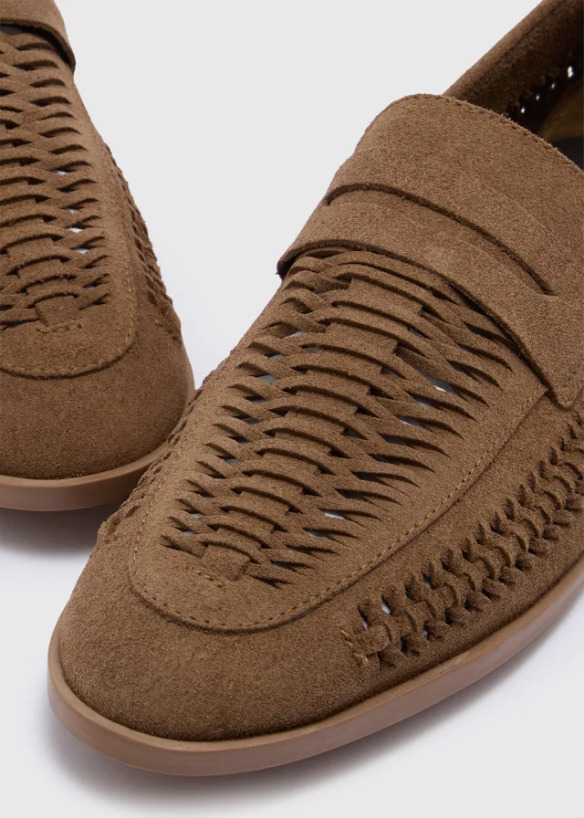Tan Real Suede Braided Loafers