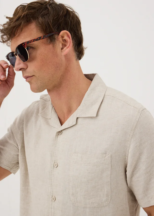 Ecru Linen Blend Revere Short Sleeve Shirt