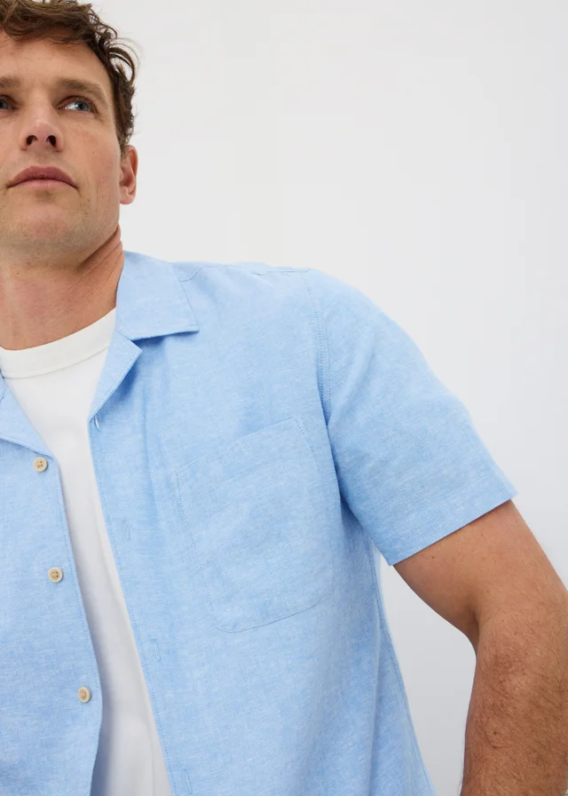 Blue Linen Blend Revere Short Sleeve Shirt
