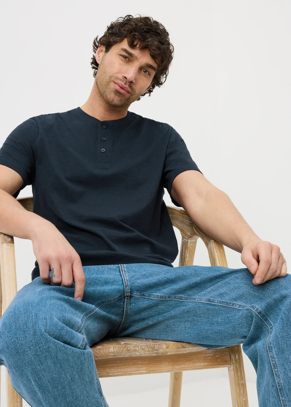 Navy Grandad Collar T-Shirt - S Image 3